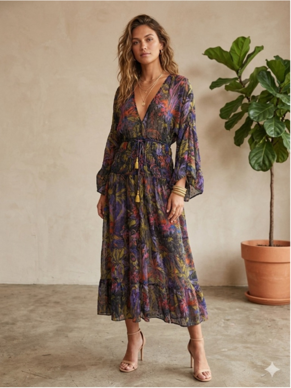 by Anthropologie Tropical Midi Dress S Smocked Waist mesh Boho Bell Sleeve Vneck